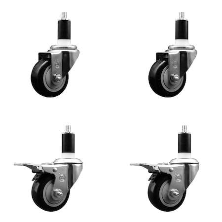 Service Caster 3'' SS Black Poly Swivel 1-3/8'' Expanding Stem Caster Set 2 Total Lock Brakes, 4PK SCC-SSEXTTL20S314-PPUB-BLK-2-S-2-138